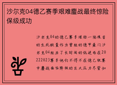 沙尔克04德乙赛季艰难鏖战最终惊险保级成功 沙尔克04德乙赛季艰难鏖战最终惊险保级成功