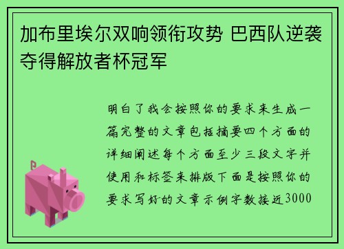 加布里埃尔双响领衔攻势 巴西队逆袭夺得解放者杯冠军